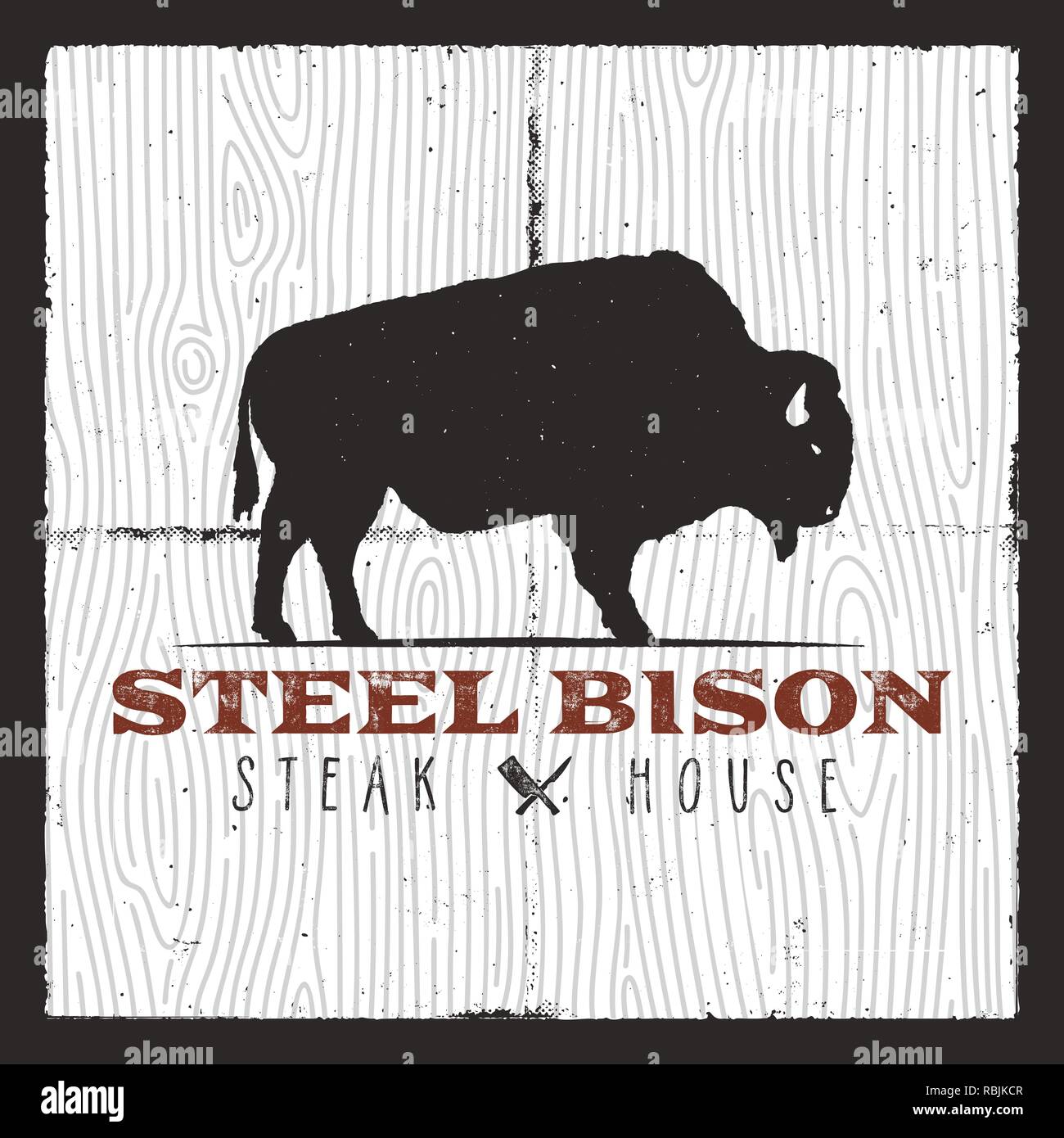 Steak House logo. Vintage typography design with bison and bbq kitchen knives. Retro vector emblem, illustration logo or poster. Good for t-shirt, apparel, prints Stock Vector