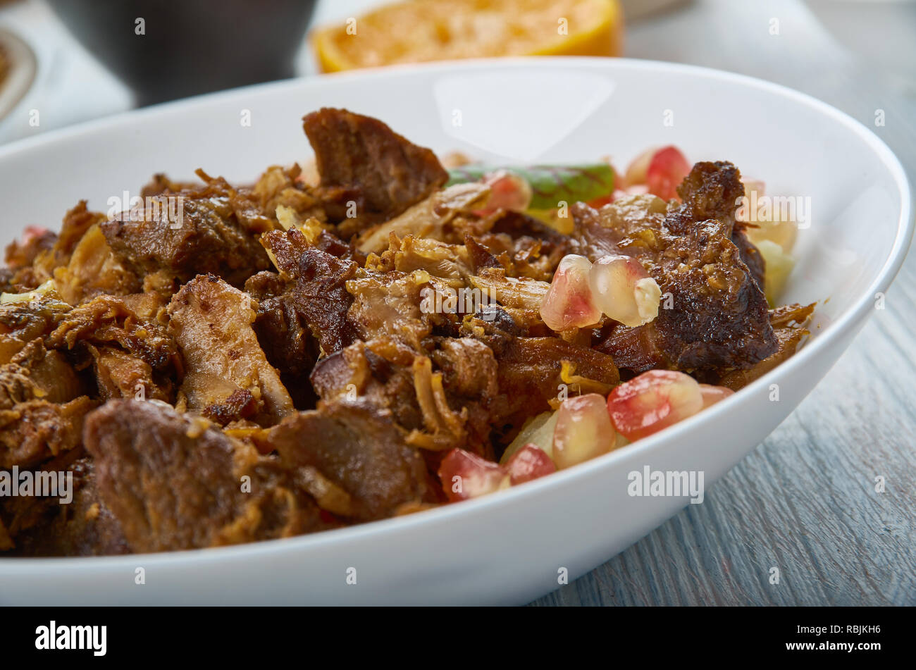 Shredded Lamb Pilaf , Middle Eastern cuisine Levant, Traditional assorted dishes, Top view Stock