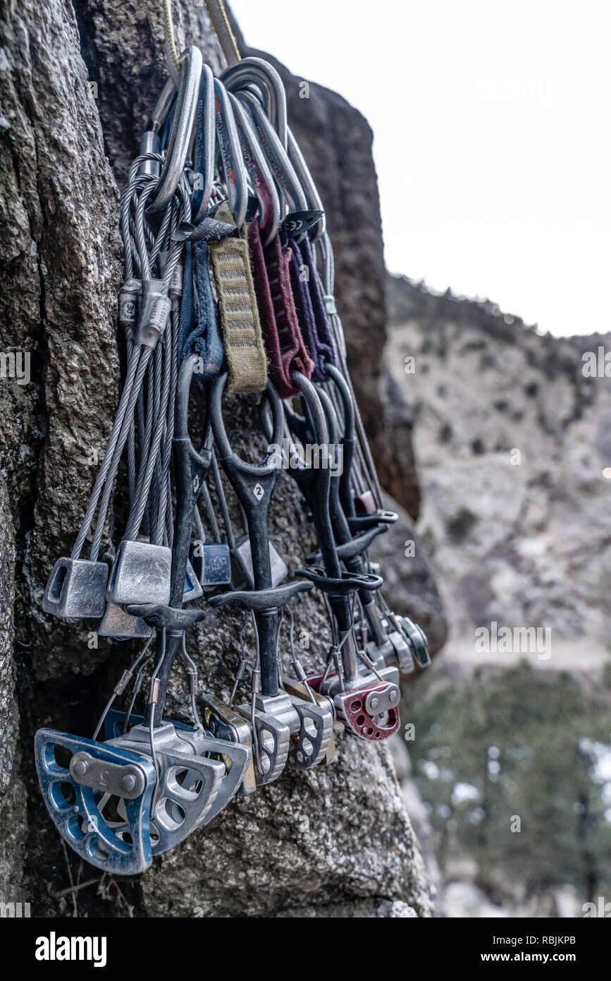 Traditional Rock Climbing Gear. Cams, Stoppers, Rope, Quickdraws, and