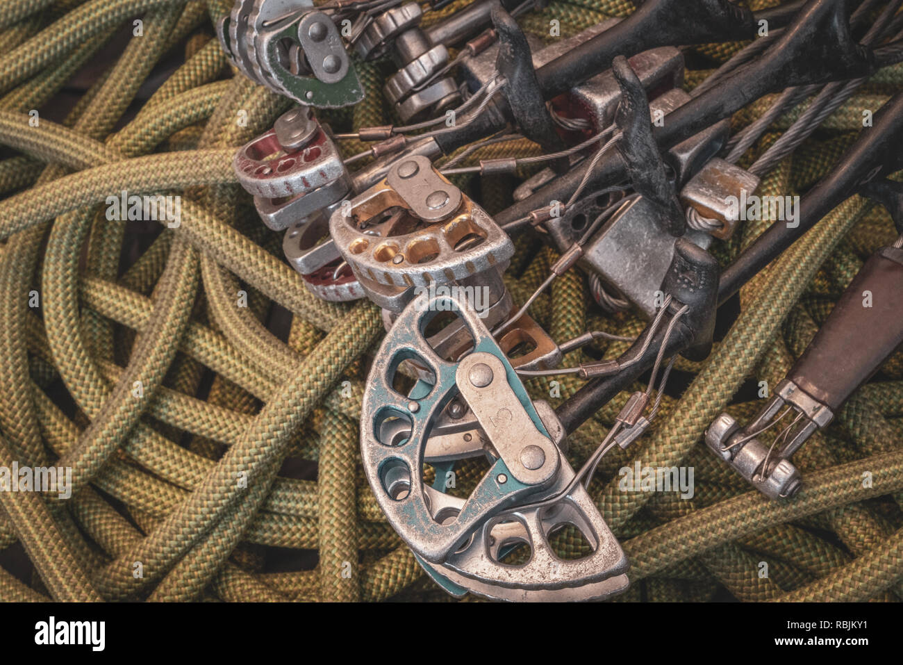 Traditional Rock Climbing Gear. Cams, Stoppers, Rope, Quickdraws, and