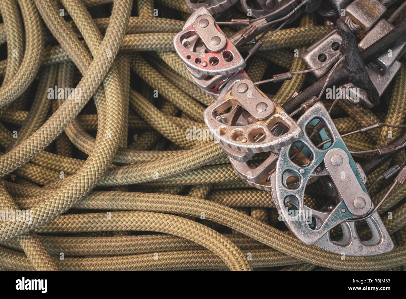 Traditional Rock Climbing Gear. Cams, Stoppers, Rope, Quickdraws, and