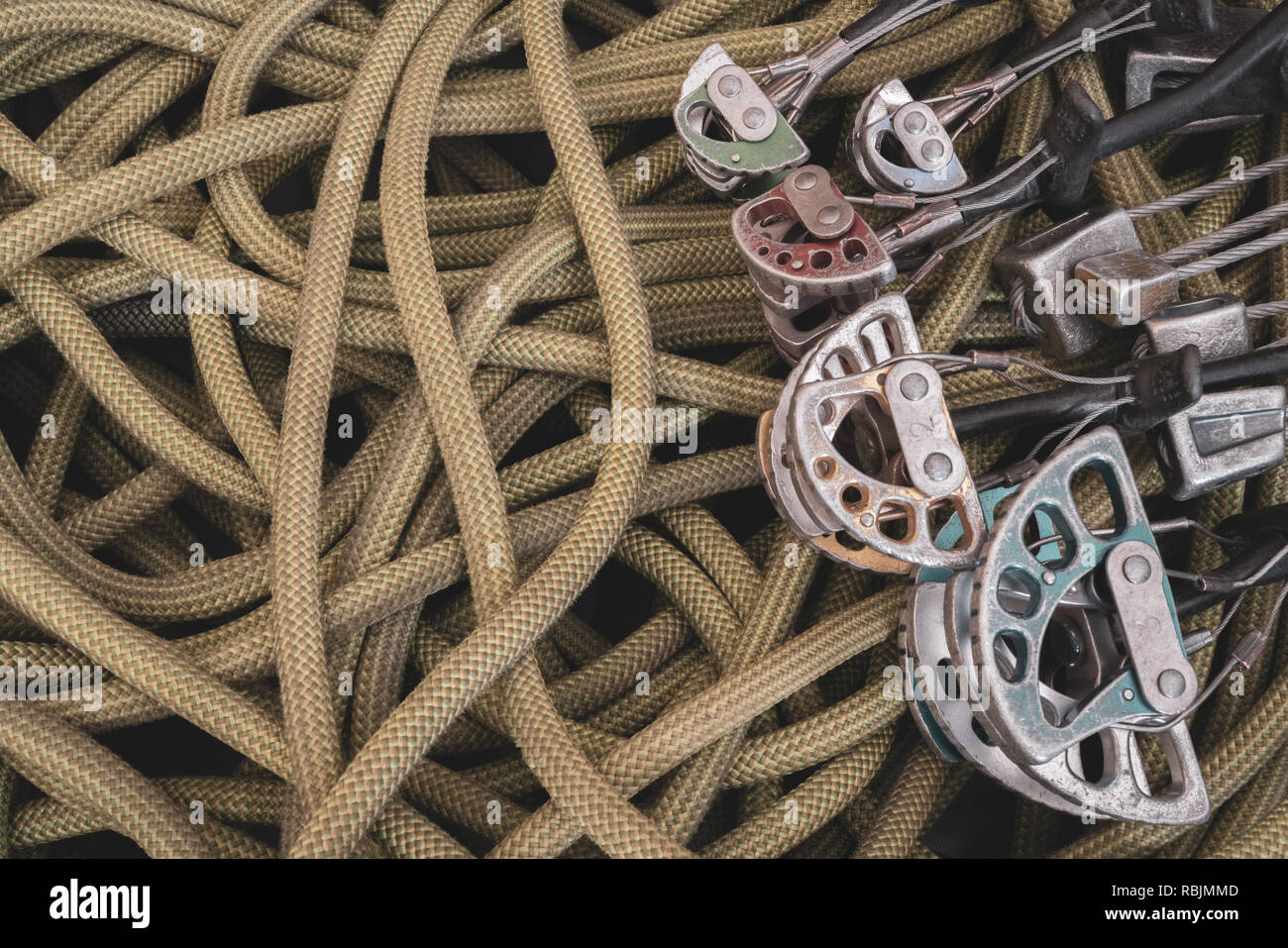 Traditional Rock Climbing Gear. Cams, Stoppers, Rope, Quickdraws, and