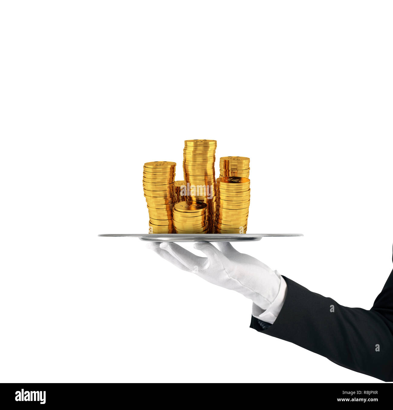 Waiter that holds a tray with golden coins. Concept of first class service on soccer Stock Photo