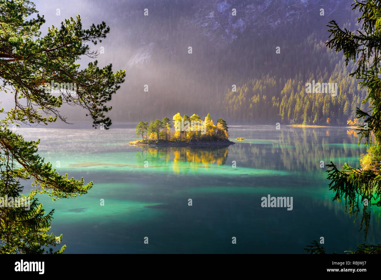 beautiful lake view of eibsee with island in Grainau, bavarian alps ...