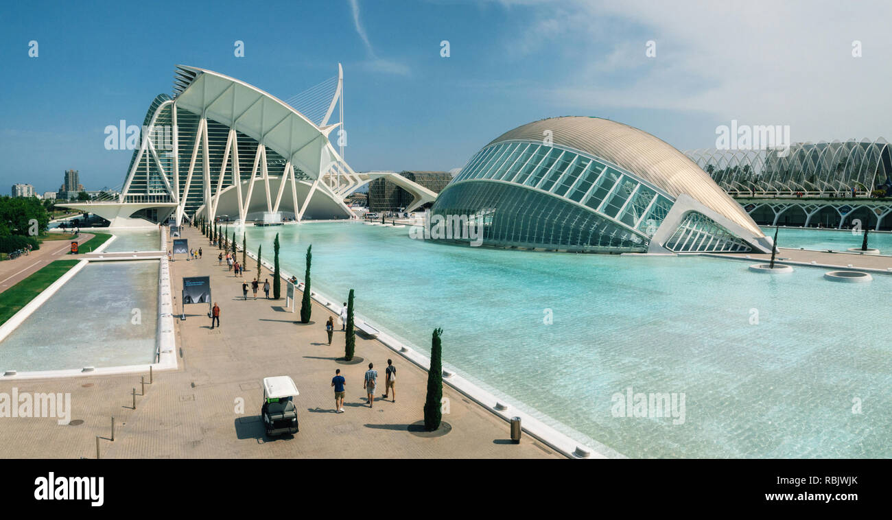 Valencia, Spain - June 2, 2016: Panoraic view of City of Arts and Sciences. Futuristic modern architectural complex. Hemisferic with its reflection in Stock Photo