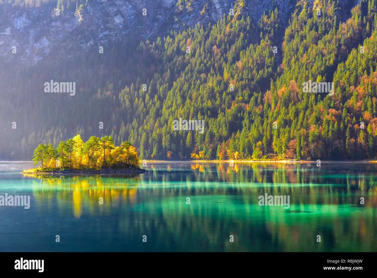 Eibsee lake in german bavarian Alps in Grainau, Germany in sunrise ...