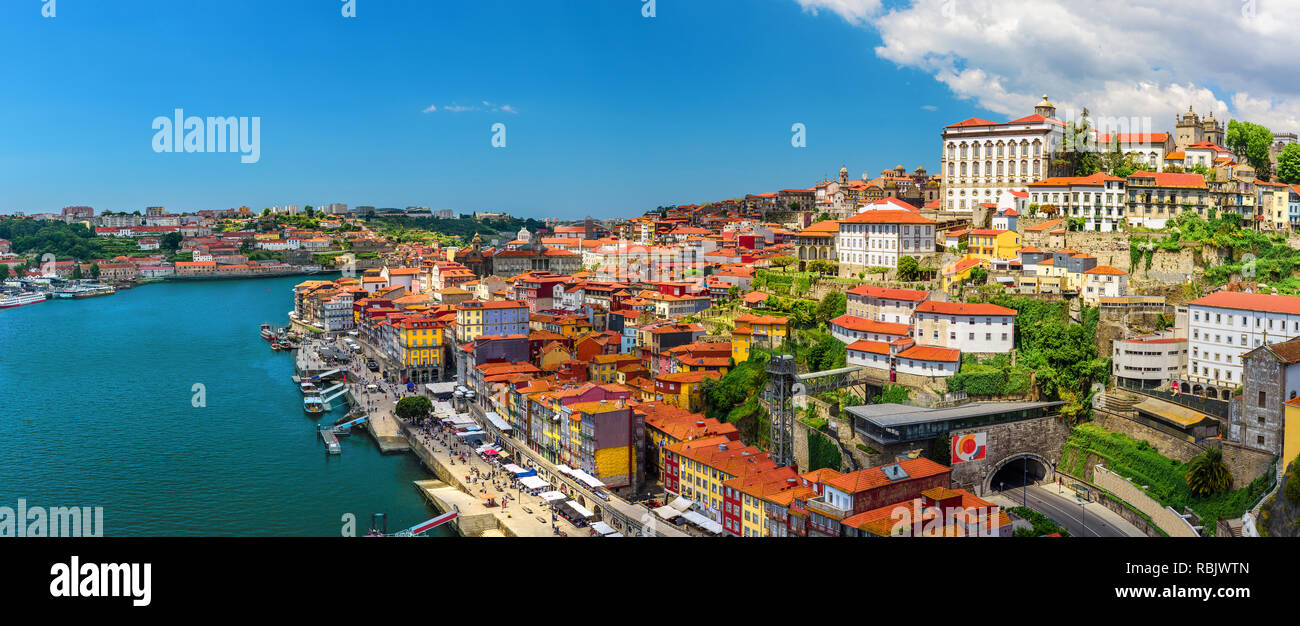 Porto, Portugal panoramic view of old town Oporto from Dom Luis bridge on the Douro River in sunny day Stock Photo