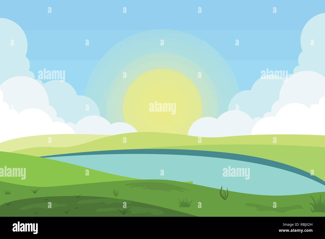 Vector illustration of fields landscape with a green hills, blue sky ...