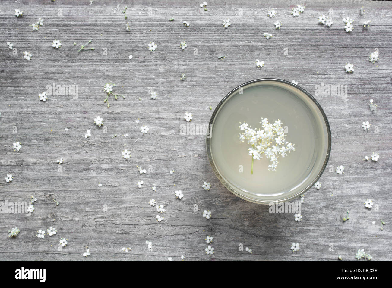 homemade elder flower syrup with flowers on white wooden table. healthy herbal drink. top view Stock Photo