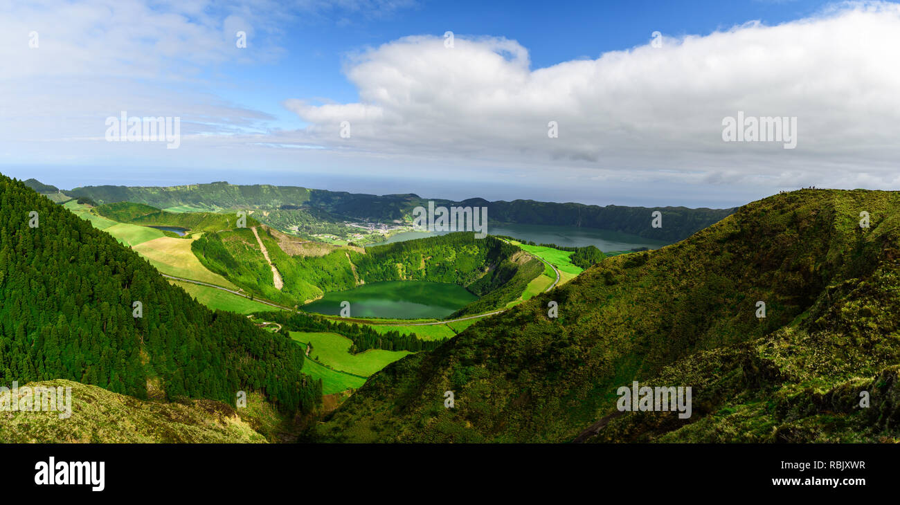 Azores, Portugal. Beautiful panoramic view on Sete Cidades lakes from the mountains on San Miguel Island in the morning Stock Photo