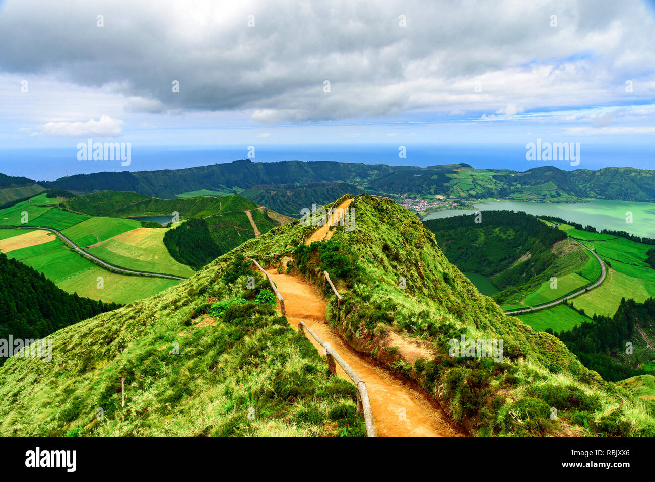 Walking path leading to a view point Boca do inferno on the lakes of Sete Cidades, Azores, Portugal Stock Photo