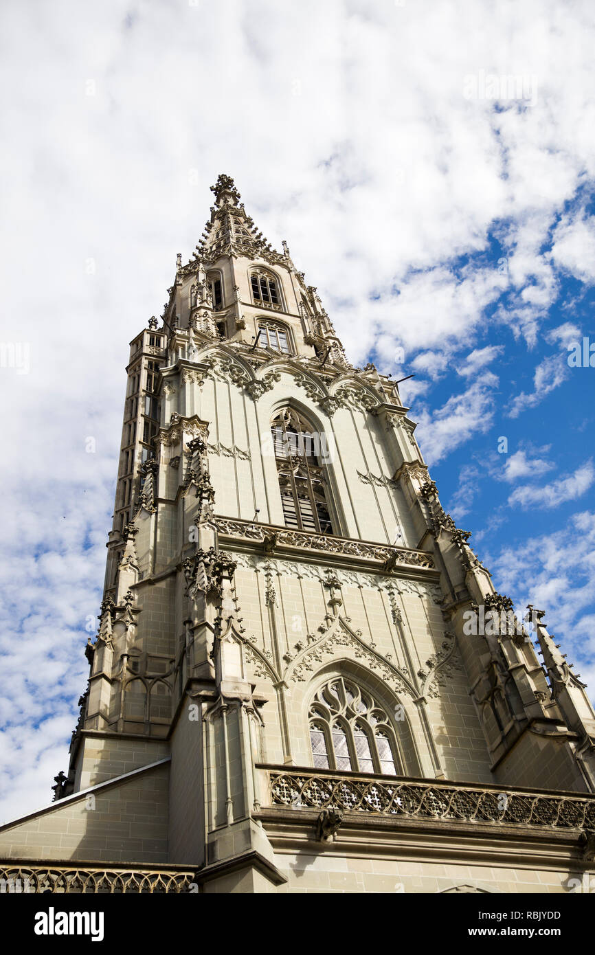 Perspective view at the toer of Bern Minster in Switzerland Stock Photo
