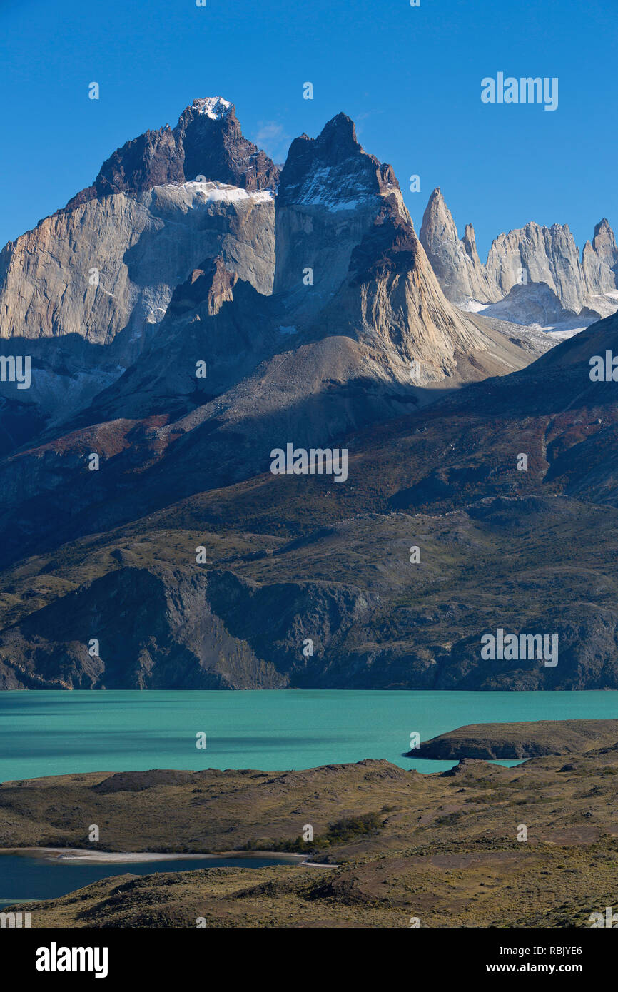The mountains of Torres del Paine and the ponds below. Chile Stock Photo