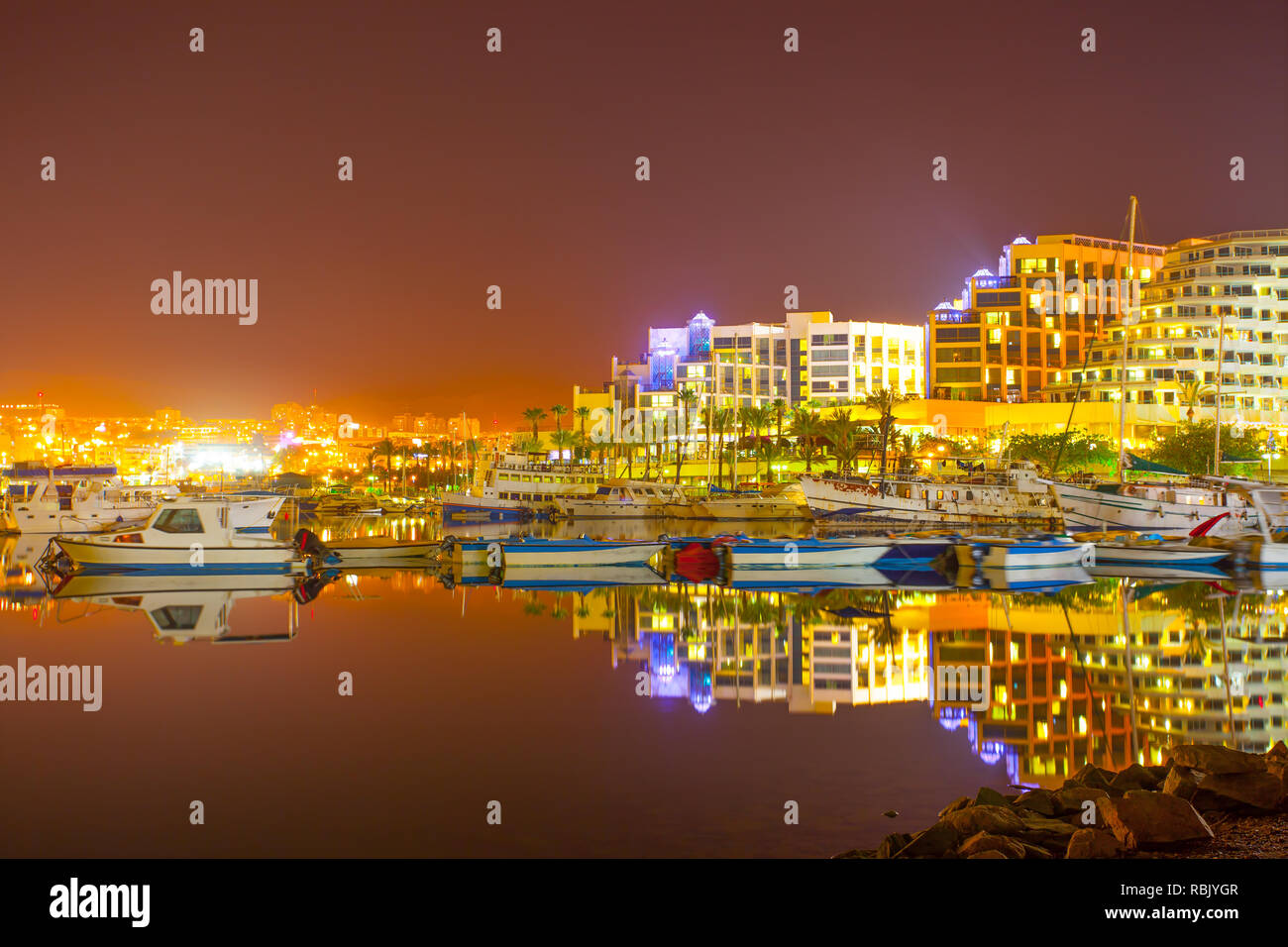 Waterfront in Eilat at night, Israel Stock Photo