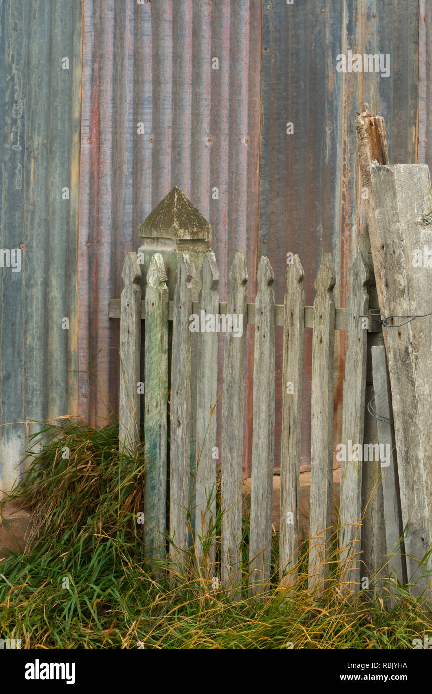 An old fence in a sheep sheering ghost town in Chile. Stock Photo