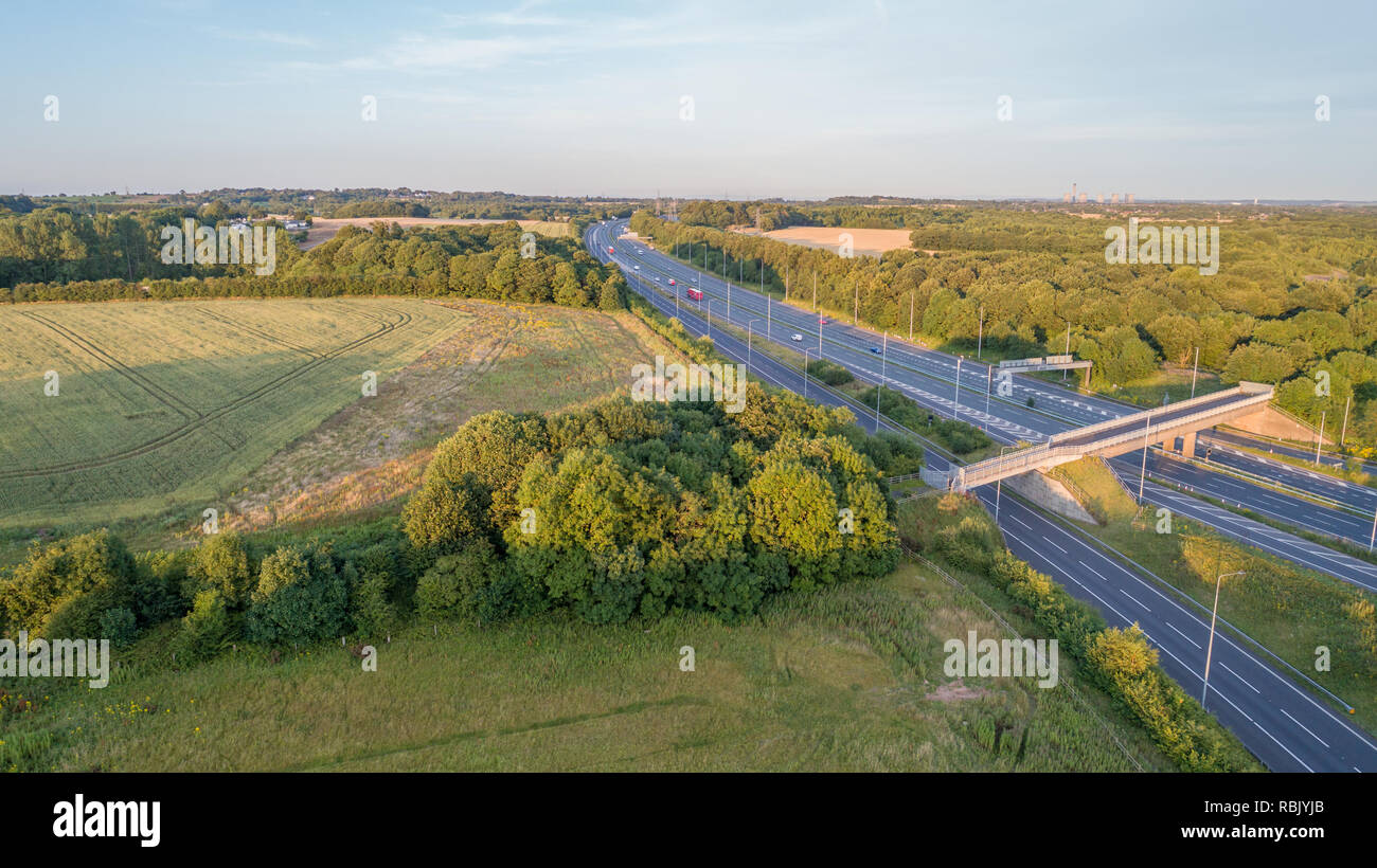 Aerial view of M62 junction between Widnes and Liverpool Stock Photo