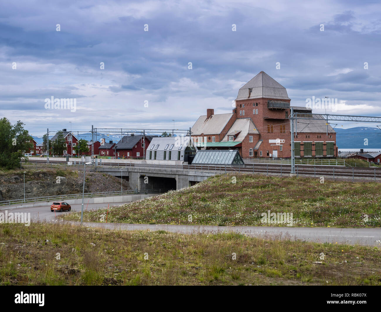 Abisko train station,  tornetraesk lake in the back, Sweden Stock Photo