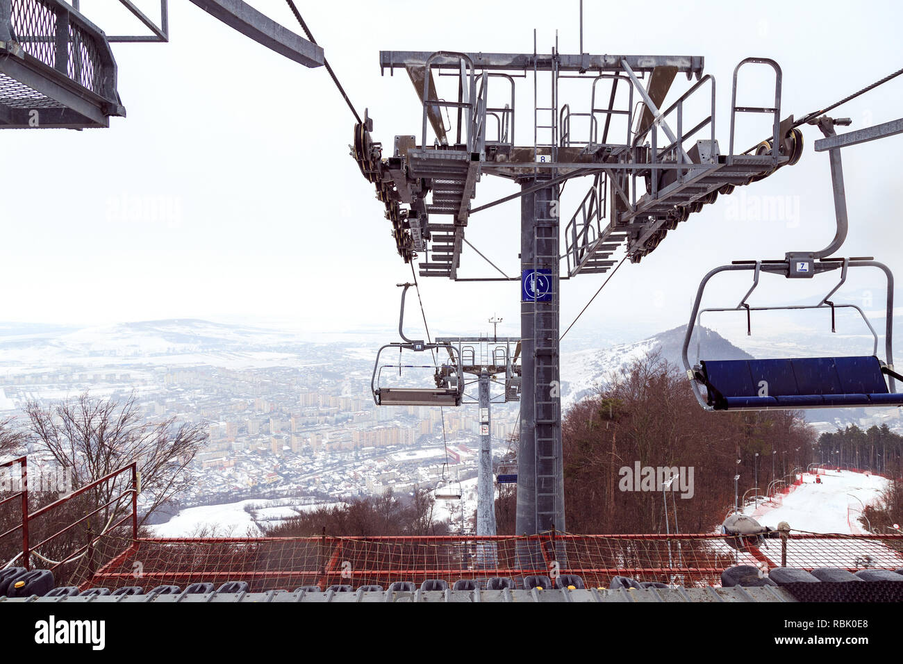 Ski cable in Piatra Neamt , Romania,  top view of city Piatra Neamt on winter day Stock Photo
