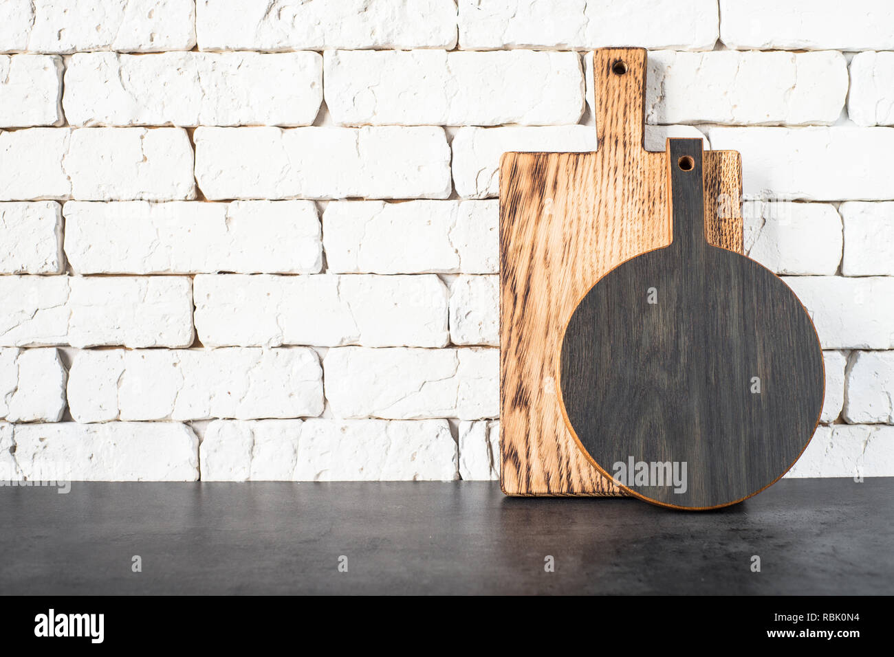 Wooden  cutting boards on the kitchen. Stock Photo