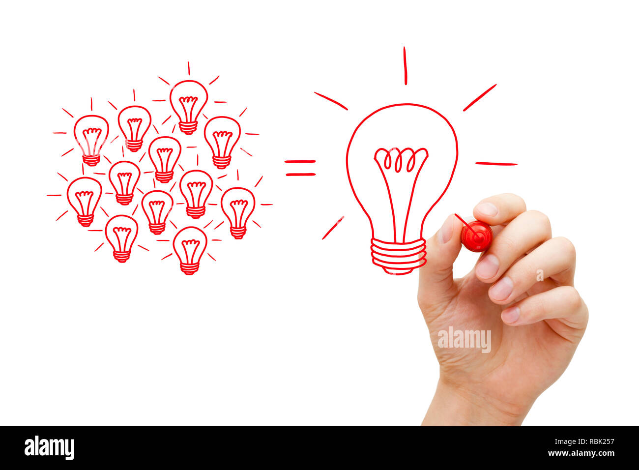Hand drawing with red marker light bulbs concept illustrating how a business team is working together developing a great idea. Stock Photo
