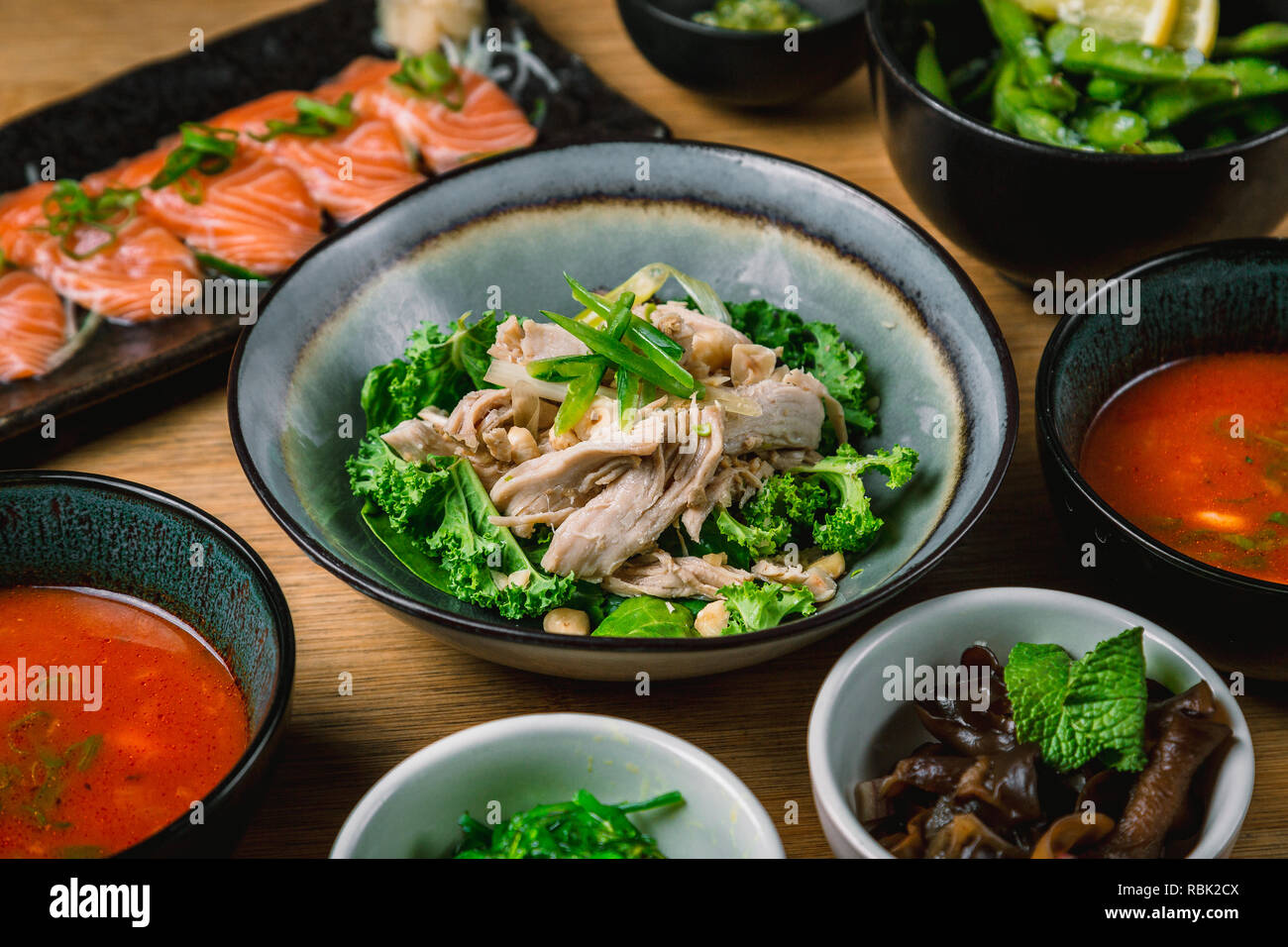 Organic and sustainable food from fancy japanese restaurant, sushi, sashimi, seaweed, edamame Stock Photo