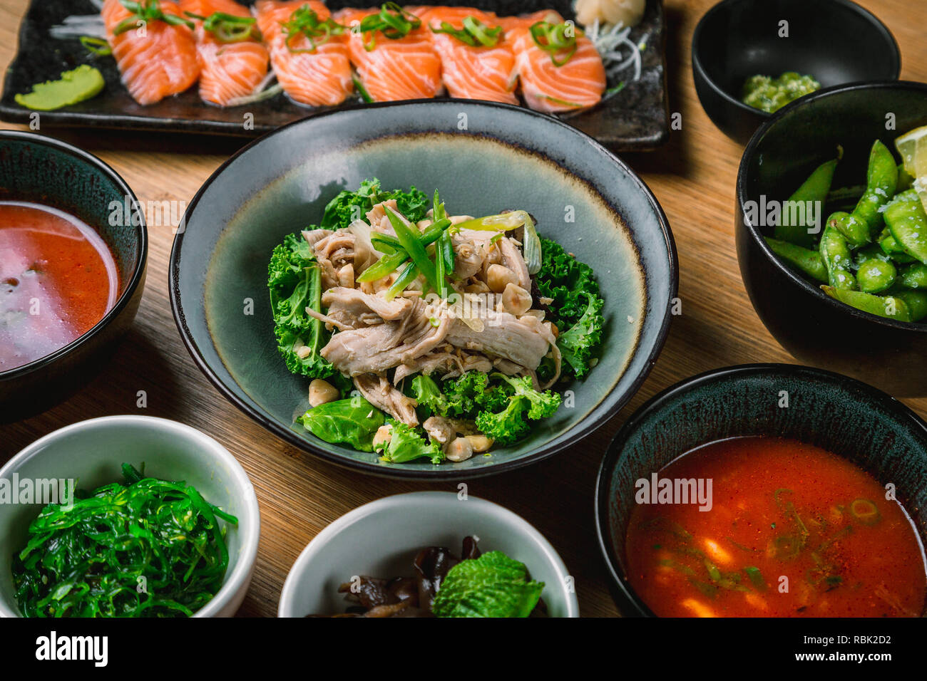 Organic and sustainable food from fancy japanese restaurant, sushi, sashimi, seaweed, edamame Stock Photo