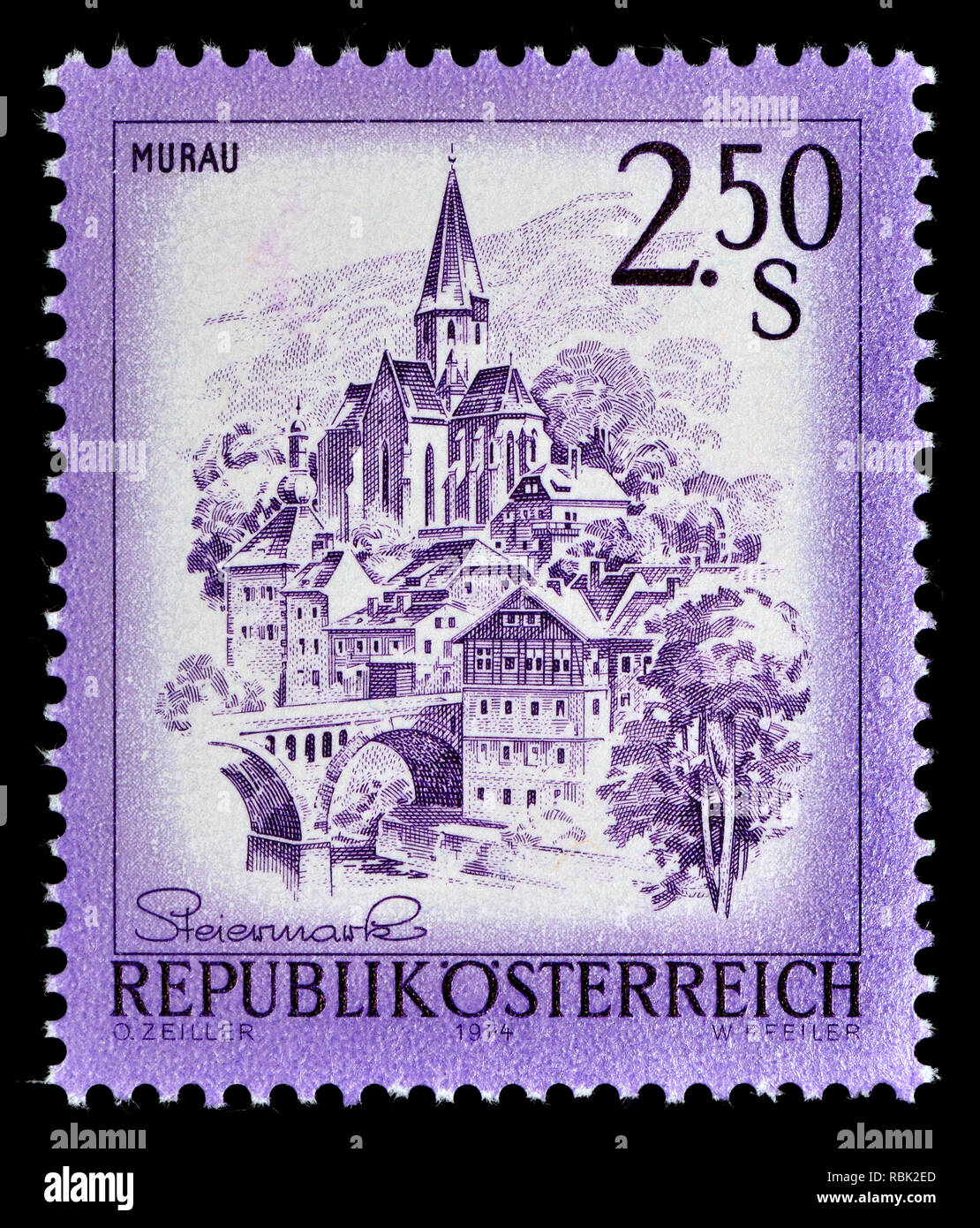 Austrian definitive postage stamp (1974) : Murau Stock Photo