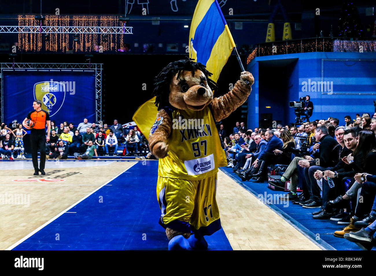 Khimki Moscow mascot cheers on the crowd during its match against Fenerbahce Istanbul in Round 17 of the Turkish Airlines Euroleague  game of the 2018-2019 season. Khimki Moscow beat Fenerbahce Istanbul in overtime, 84-78. Stock Photo