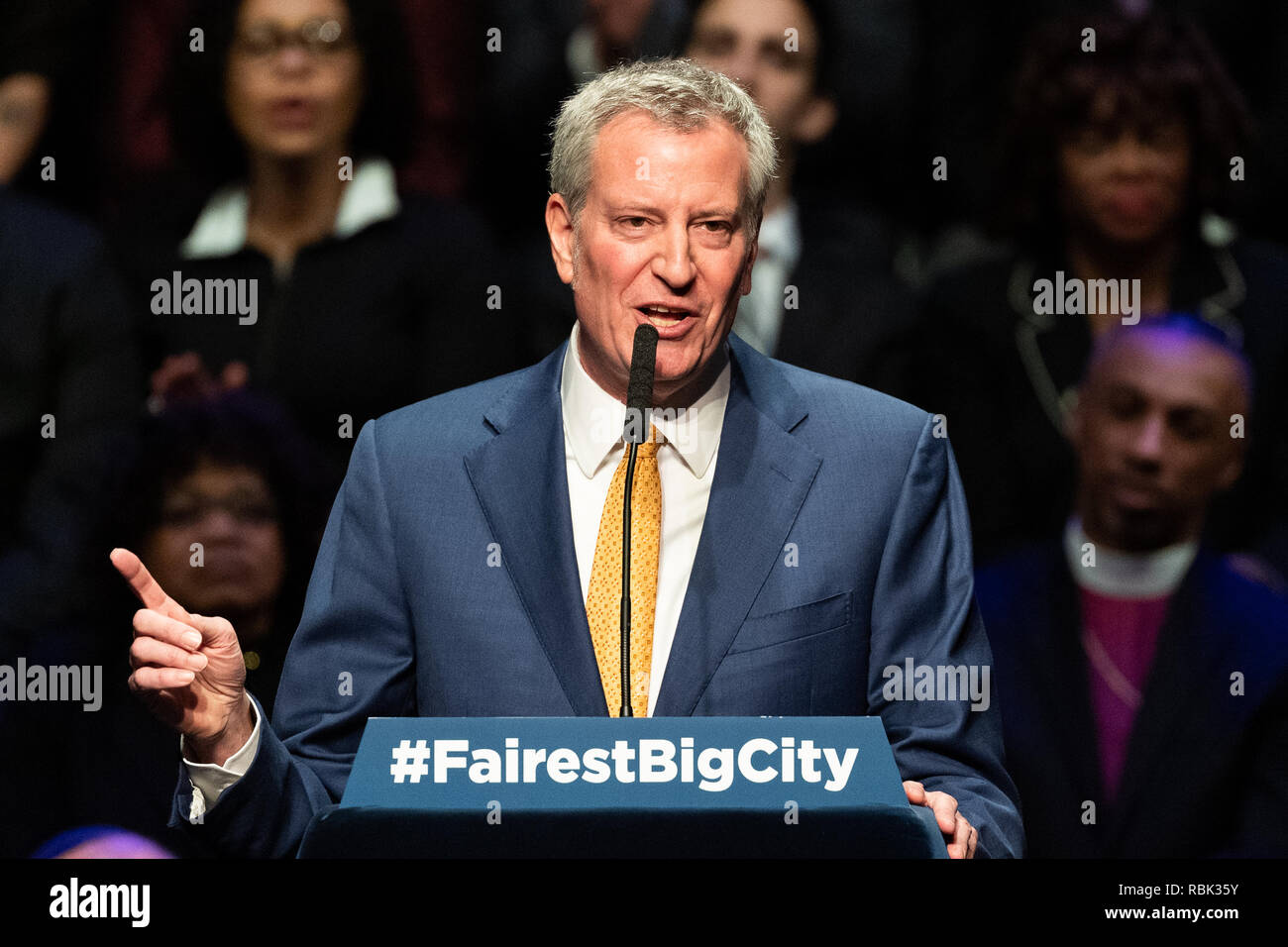 New York City Mayor Bill de Blasio seen speaking at the State of the City Address at the Peter Jay Sharp Theater at Symphony Space in New York City. Stock Photo