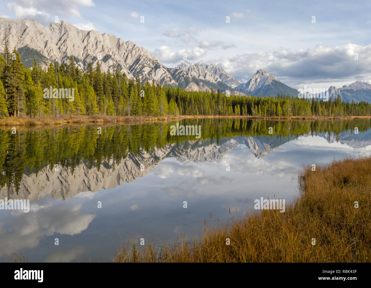 Mountains, trees, clouds and sky are reflected in water on beautiful autumn day in Kananaskis region of Alberta, Canada Stock Photo