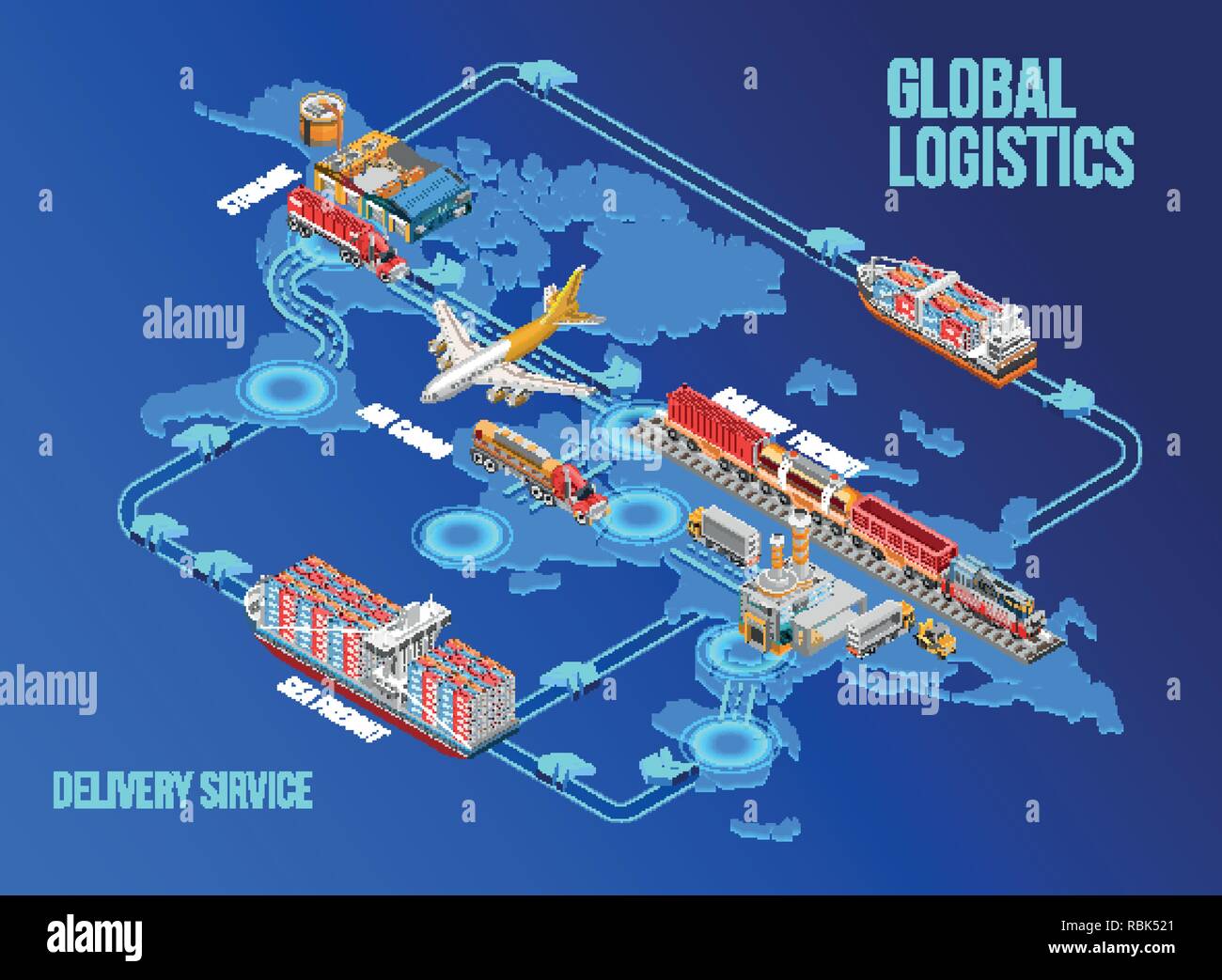 Isometric graphic structure of modern global logistics and delivery