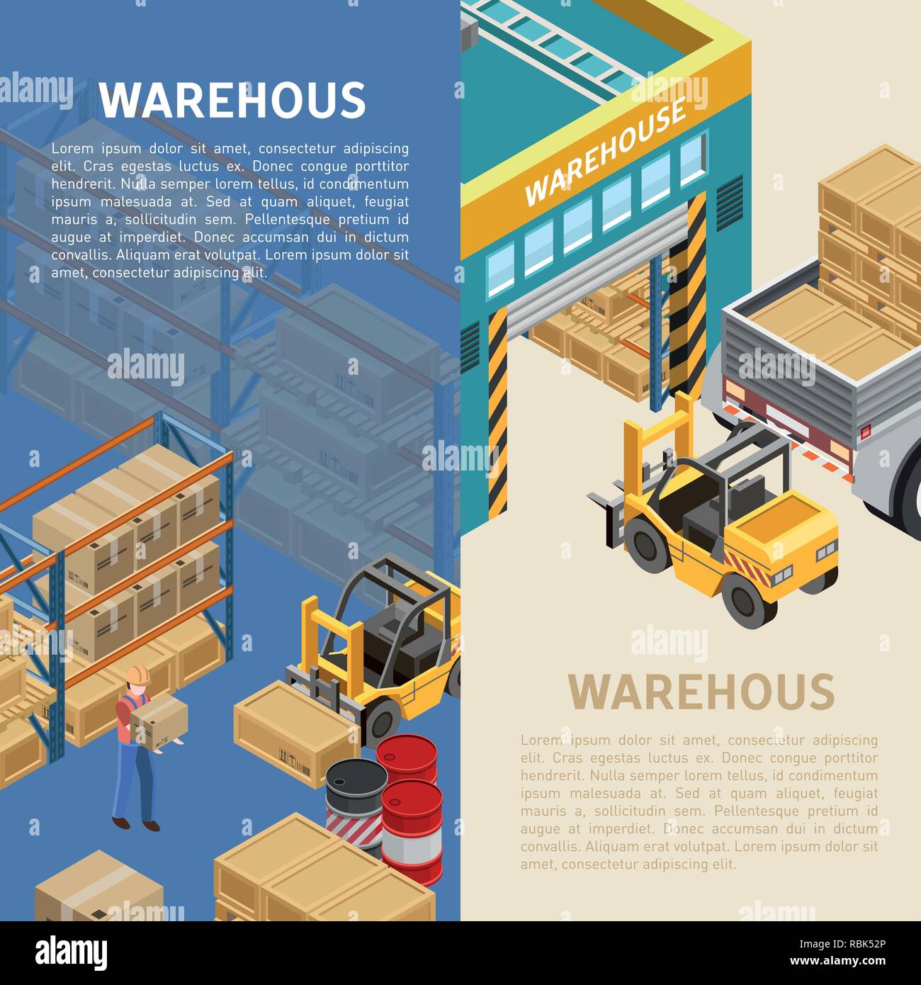 Isometric vector illustrations of work of delivery service depot with