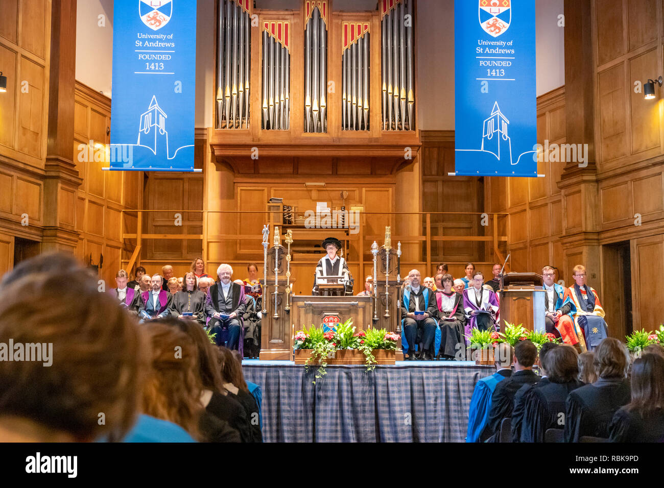 Principal and Vice-Chancellor Professor Sally Mapstone presiding over the June 2018 graduation ceremony of St Andrews University in the Younger Hall Stock Photo