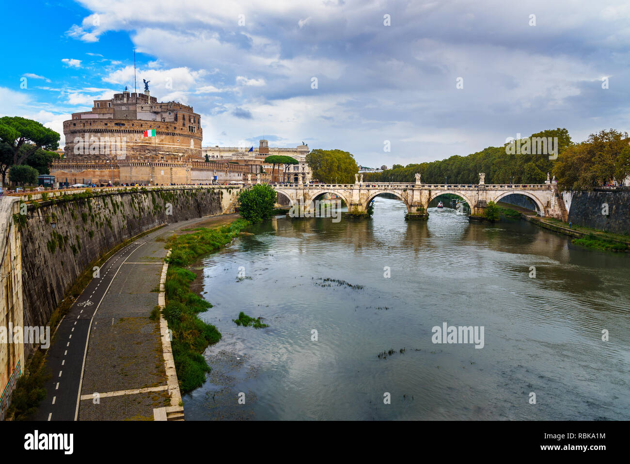Castel Sant'Angelo or castle of Holy Angel and Ponte Sant'Angelo or Aelian Bridge over the Tiber river in Rome. Italy Stock Photo