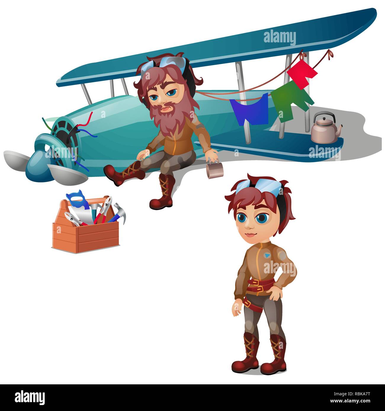 Pilot crashed and bearded isolated on white background. Broken