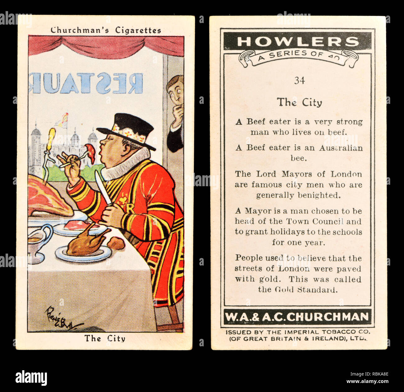 Cigarette card: Churchman's Cigarettes 'Howlers' series (1937) - the City / Beefeater Stock Photo