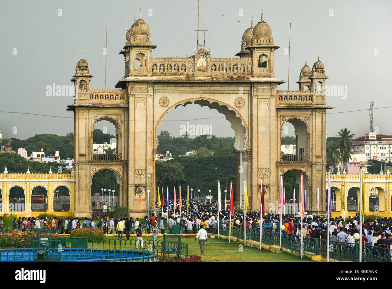 Main entrance gate to the Mysore palace of Indian Maharaja or king , venue of Mysore Dussehra celebration or Dasara festival in Karnataka India Stock Photo