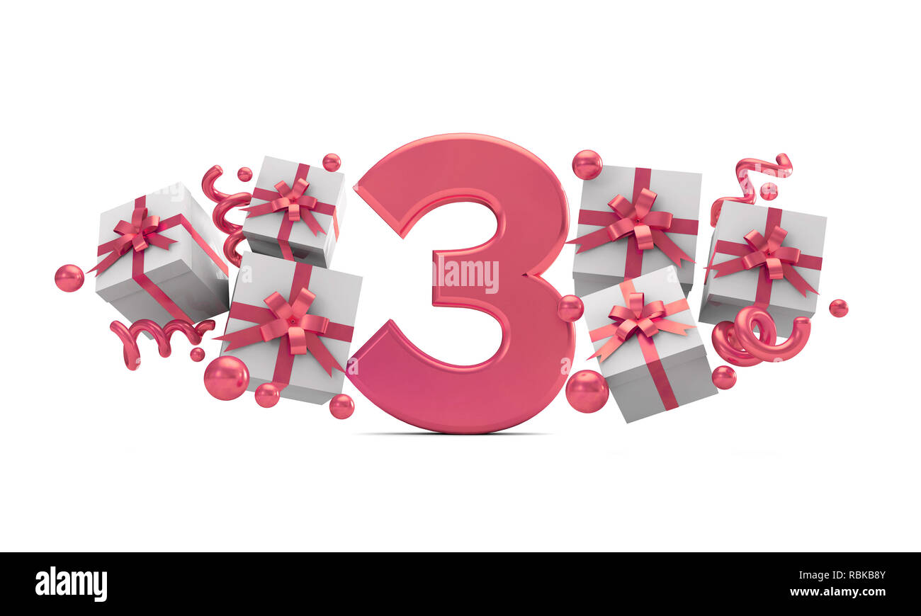 Number 3 pink birthday celebration number with gift boxes. 3D Rendering