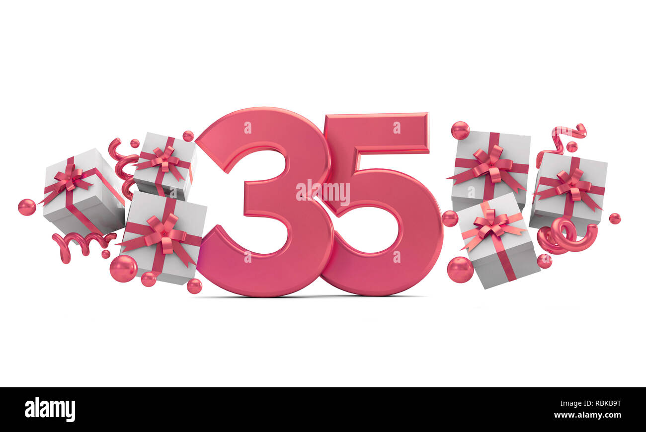Number 35 pink birthday celebration number with gift boxes. 3D ...