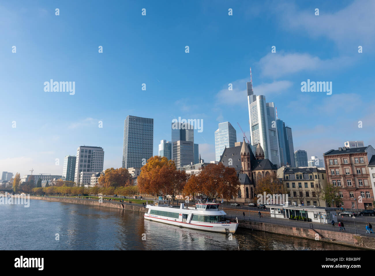 Financial Centre Frankfurt view from Main River. Stock Photo