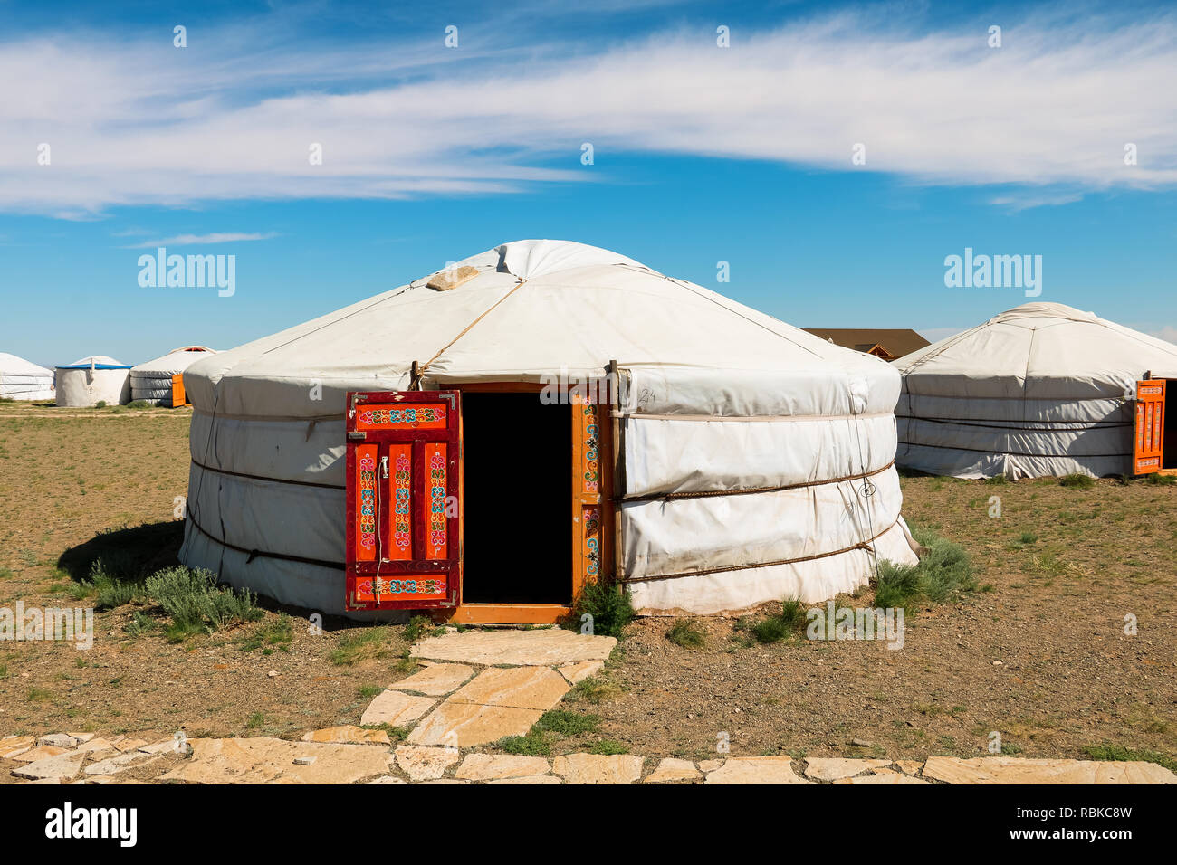 Traditional Mongolian housings / yurts in a tourist camp in Gobi Desert near Bajandsag (Flaming Cliffs, Gobi Desert, Mongolia, Asia) Stock Photo