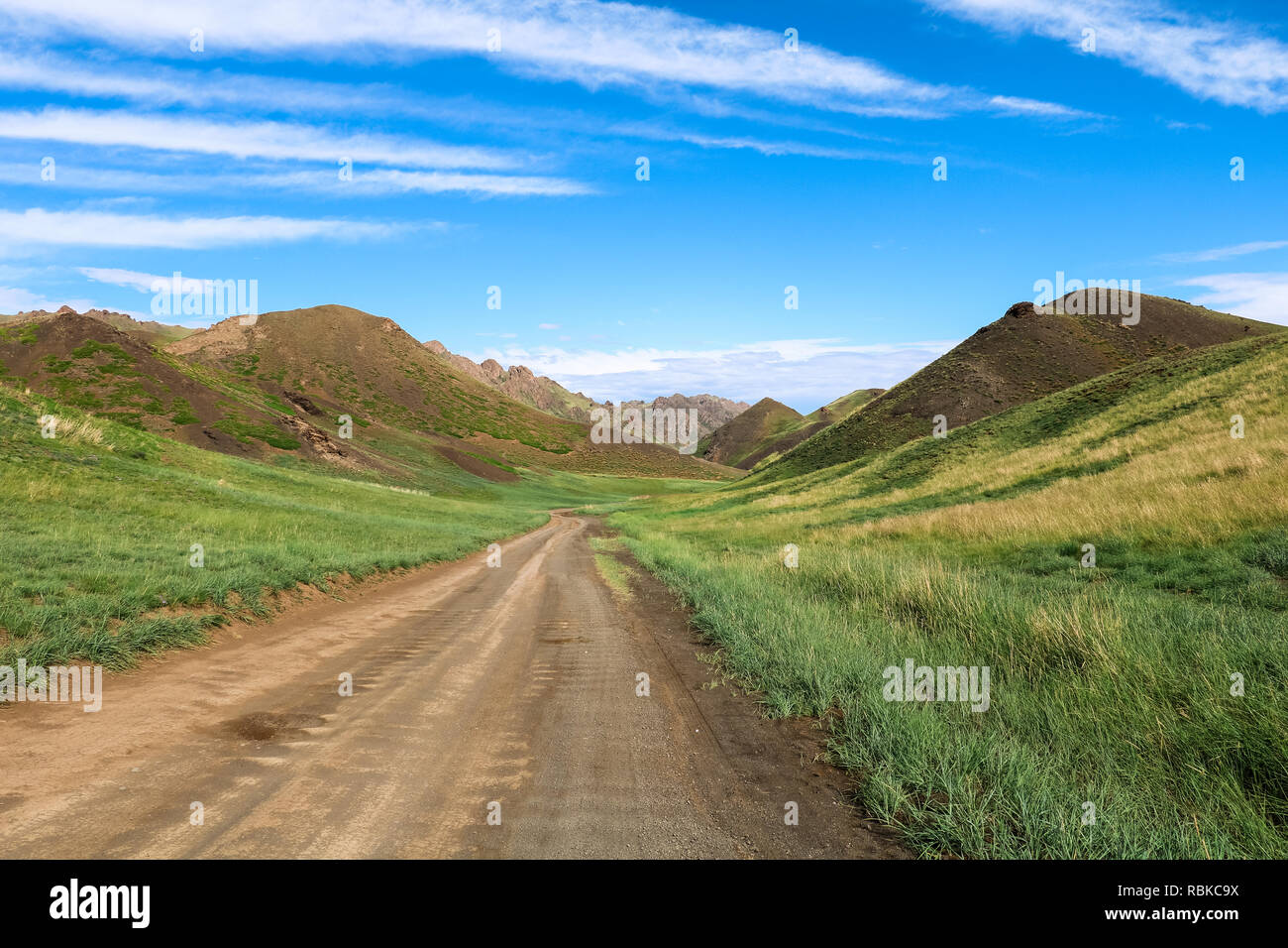 Dirt road towards the centre of Yol Valley in Gobi Desert on a beautiful summer day with blue cloudy sky (Gobi Desert, Mongolia, Asia) Stock Photo