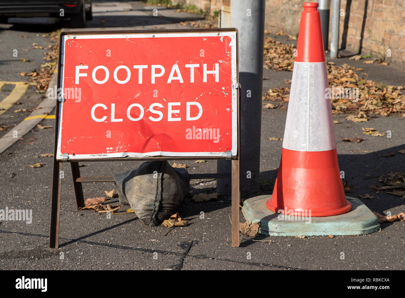 Footpath Closed sign on a pavement, Nottingham, England, UK Stock Photo