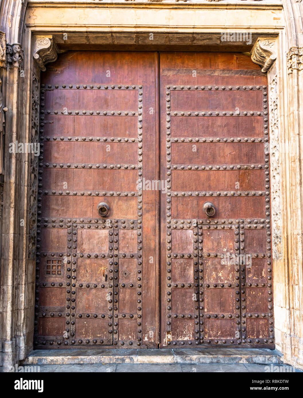 Medieval doors, gates. Spanish traditional ornament on wooden gates