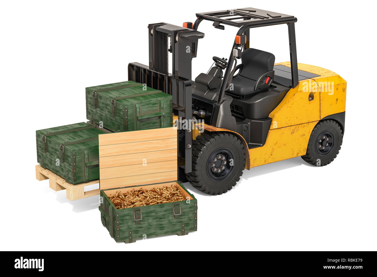 Forklift truck with military wooden ammunition boxes full of rifle bullets, 3D rendering Stock Photo