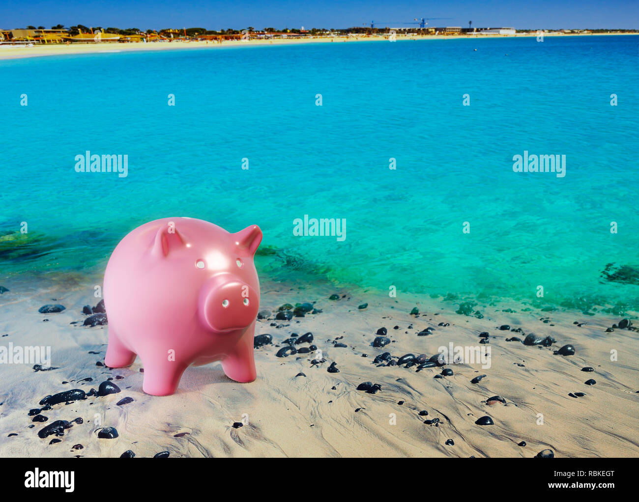 Piggy bank travel season, saving money for dreams, 3D illustration Stock Photo
