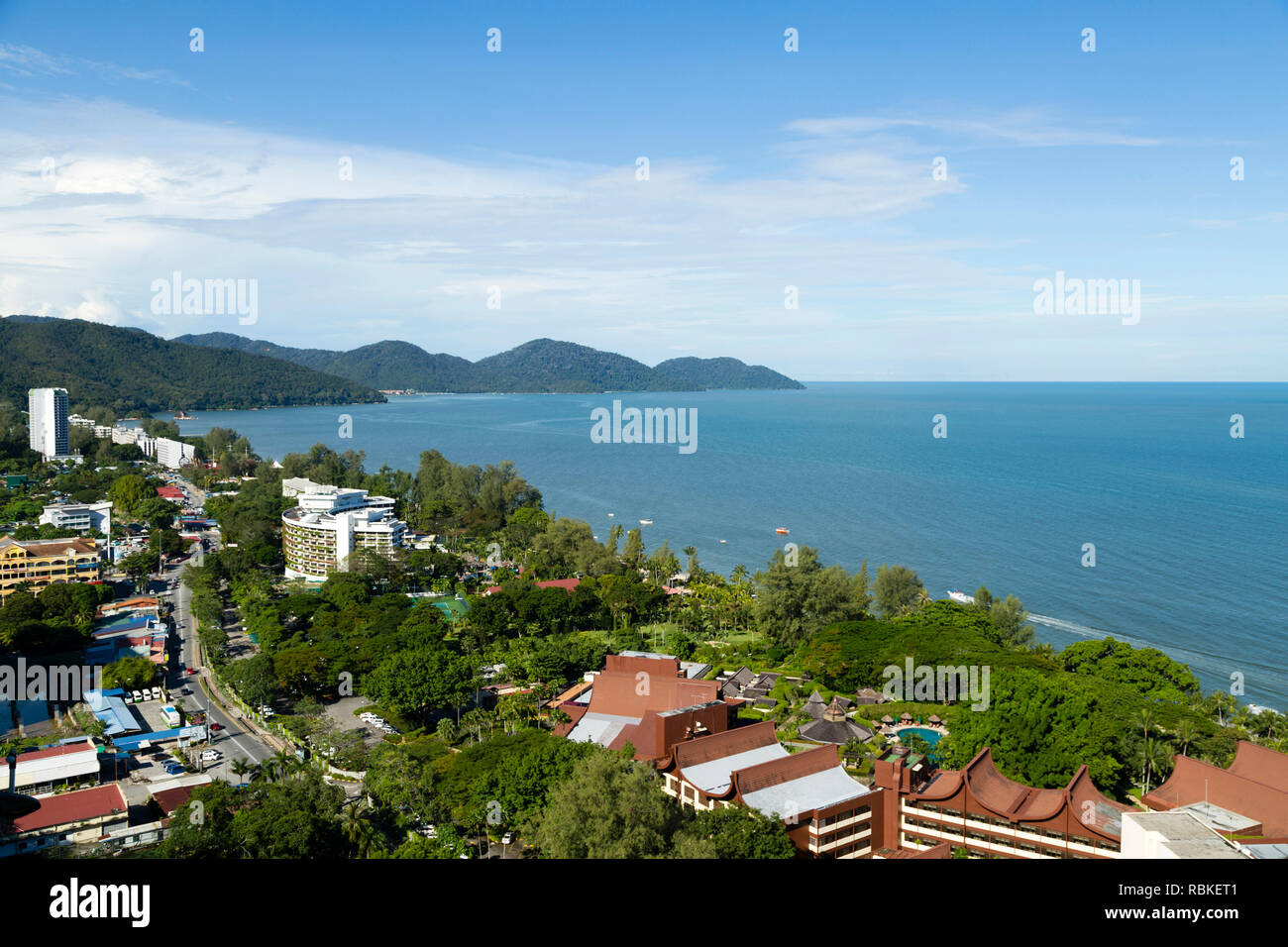 Aerial view of Batu Ferringhi Beach and Penang National Park located in the Malacca Strait on Penang Island, Malaysia. Batu Ferringhi is a popular tra Stock Photo