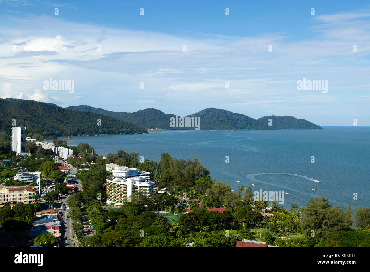 Aerial view of Batu Ferringhi Beach and Penang National Park located in the Malacca Strait on Penang Island, Malaysia. Batu Ferringhi is a popular tra Stock Photo