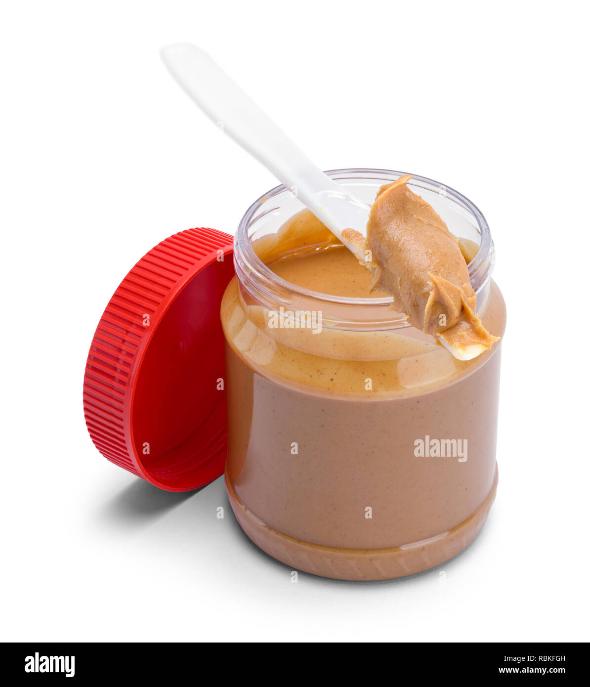Open Peanut Butter Jar with Knife on Top Isolated on White Stock Photo