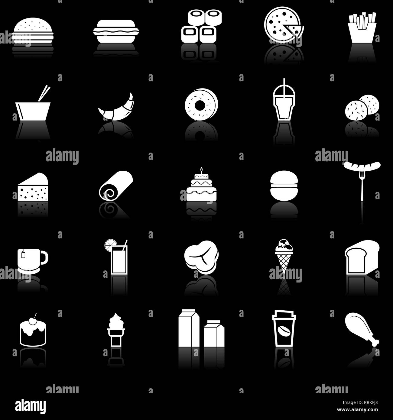 Popular food icons with reflect on black background, stock vector Stock Vector